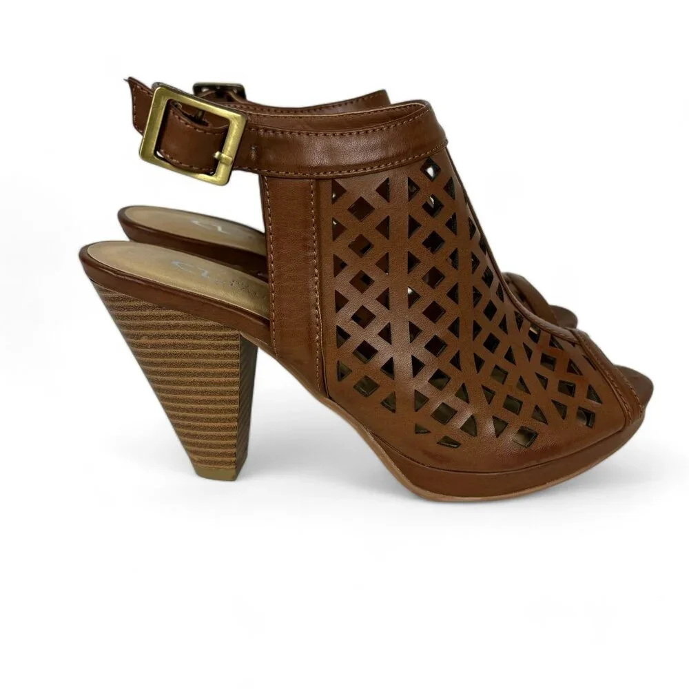 CL BY LAUNDRY Womens Ankle Buckle Sandal Size 7.5M Brown Faux Leather Perforated